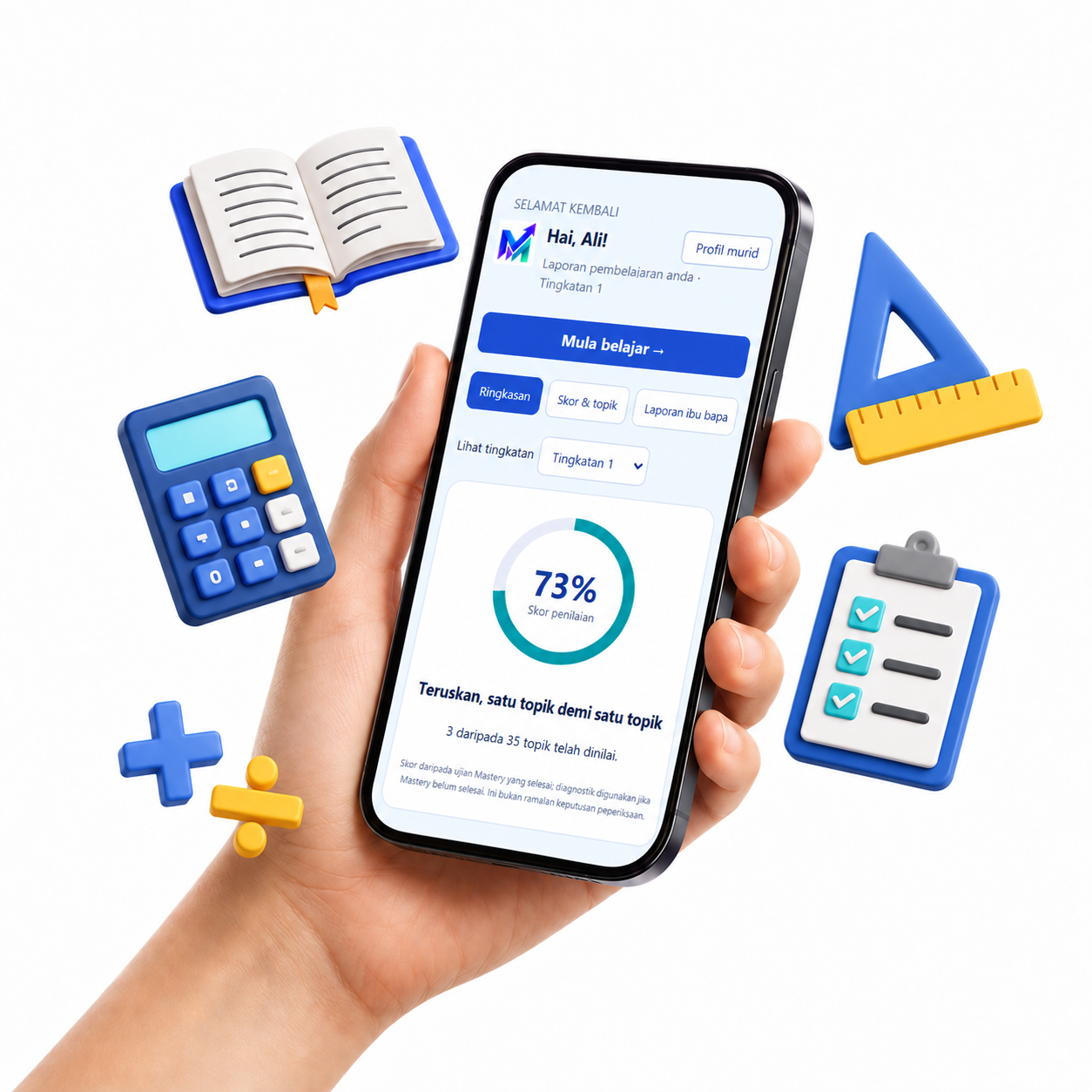 Tangan memegang telefon dengan dashboard Math Mastery baharu